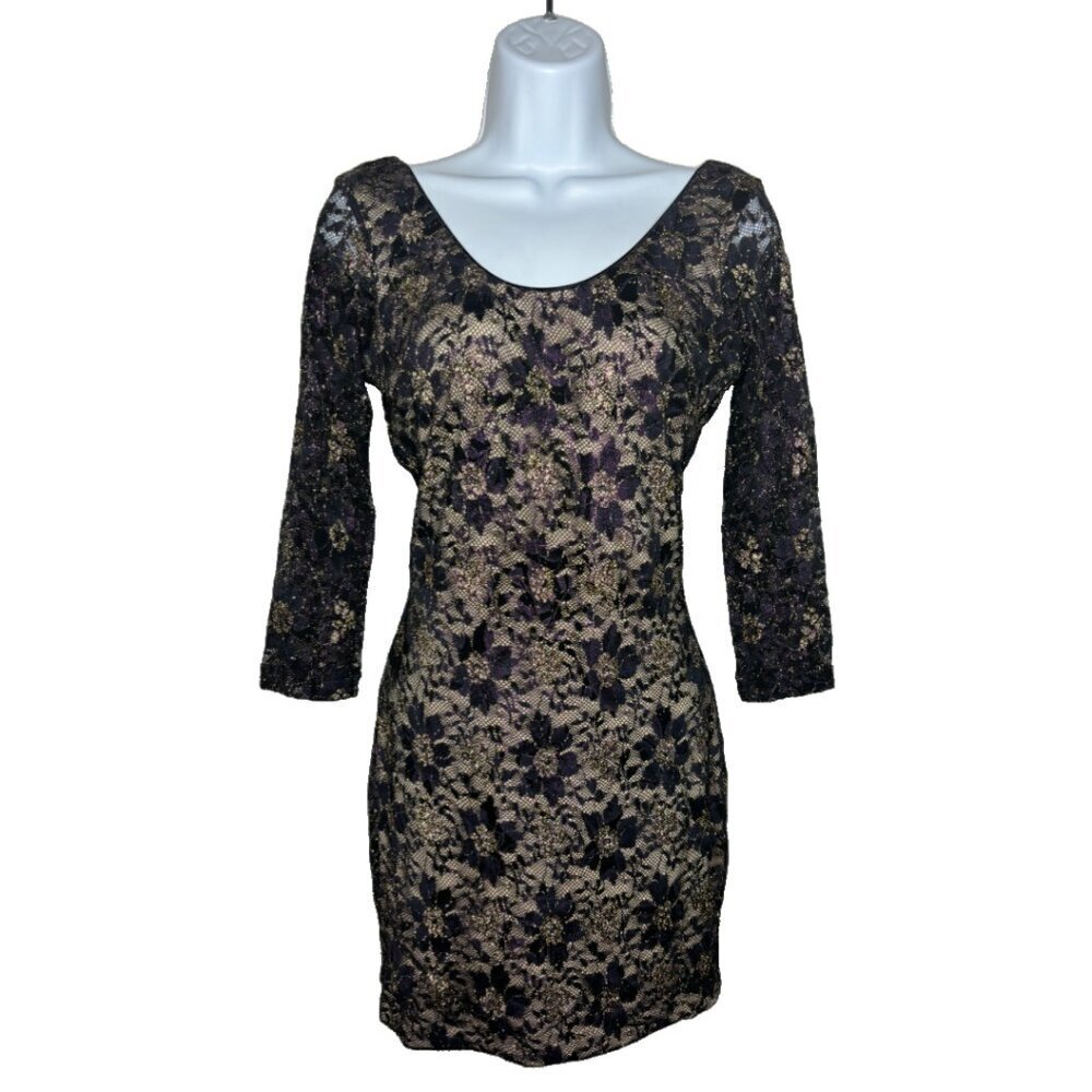 Dress The Population Sz M Purple/Gold Metallic Lace Cocktail Dress  (1554)